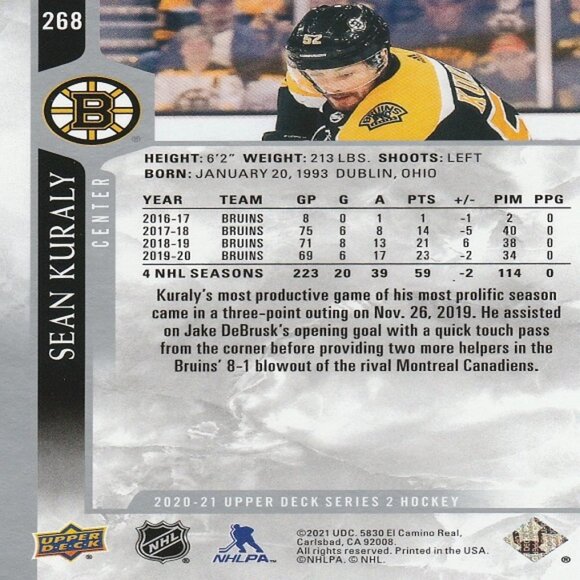 Sean Kuraly - 2020/2021 Upper Deck Series 2 Hockey Card - Picture 2 of 2